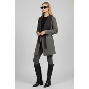 RW & CO Small Grey Collarless Belted‎ Wrap Coat Open Cardigan Women's